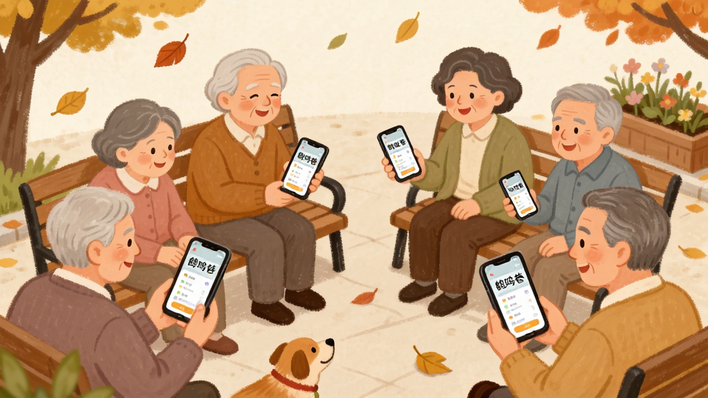 画面主体为多位不同年龄的邻居围坐在社区小广场的长椅旁,各自拿着手机微笑交流,手机屏幕统一显示“鹤鸣巷”的邻里圈界面。布局采用环形构图,人物围绕中心分布。风格为温暖的手绘风格,细节包括飘落的树叶、宠物狗、共享花坛。画质柔和干净,无多余装饰。