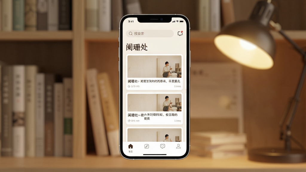 一张展示手机社交阅读应用主界面的产品渲染图,画面中央是一部竖屏智能手机,屏幕内呈现名为