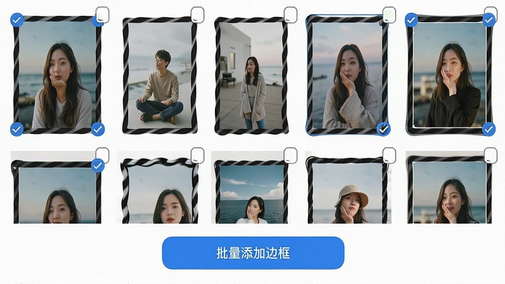 手机界面显示多张图片缩略图被选中,下方有“批量添加边框”按钮,每张图片预览中已套用相同边框样式,整体布局清晰,风格高效简洁