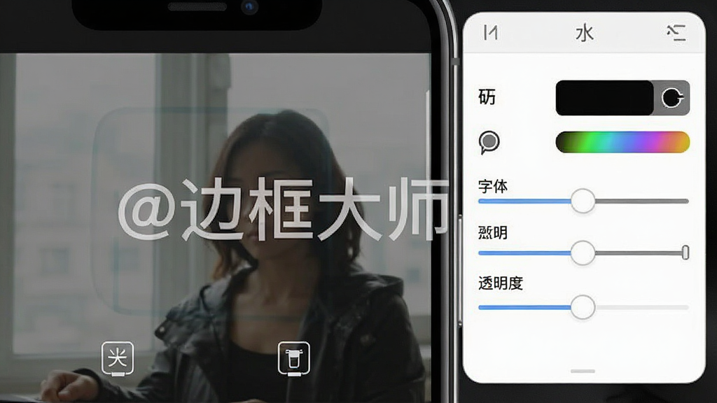 手机屏幕显示水印编辑面板,图片上叠加了半透明的文字水印“@边框大师”,旁边有字体、颜色、透明度调节滑块,界面简洁直观,画质清晰