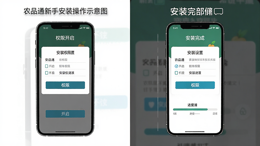 农品通新手安装操作示意图,主体为手机屏幕显示安装权限设置页面与安装进度条,布局为左右分栏对比,左侧为权限开启界面,右侧为安装完成界面,排版清晰,风格为扁平化教程插图,细节上按钮高亮显示,文字标注明确,背景为白色,画质高清,干净整洁,无多余元素
