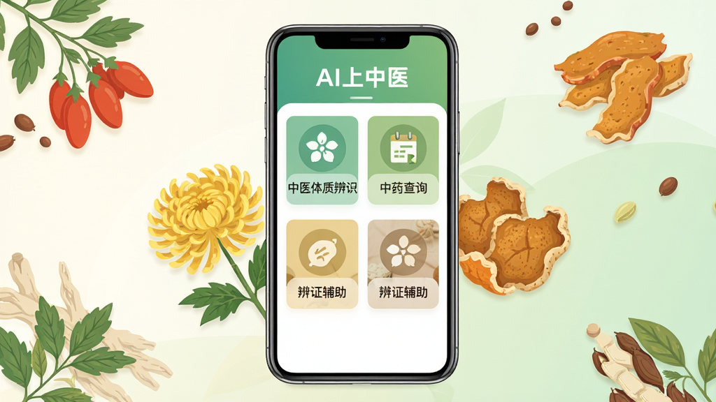 画面中央展示一部智能手机,手机屏幕上显示“AI上中医”应用的首页界面,界面中包含中医体质辨识、中药查询、辨证辅助等功能模块的图标与文字。手机周围环绕着淡淡的中草药植物插画元素,如枸杞、菊花、陈皮等,背景为柔和的米白色与浅绿色渐变。整体风格清新简洁,采用扁平化UI设计风格,画面干净整洁,无多余装饰元素,高清画质,适合作为软件下载页面的预览展示图。
