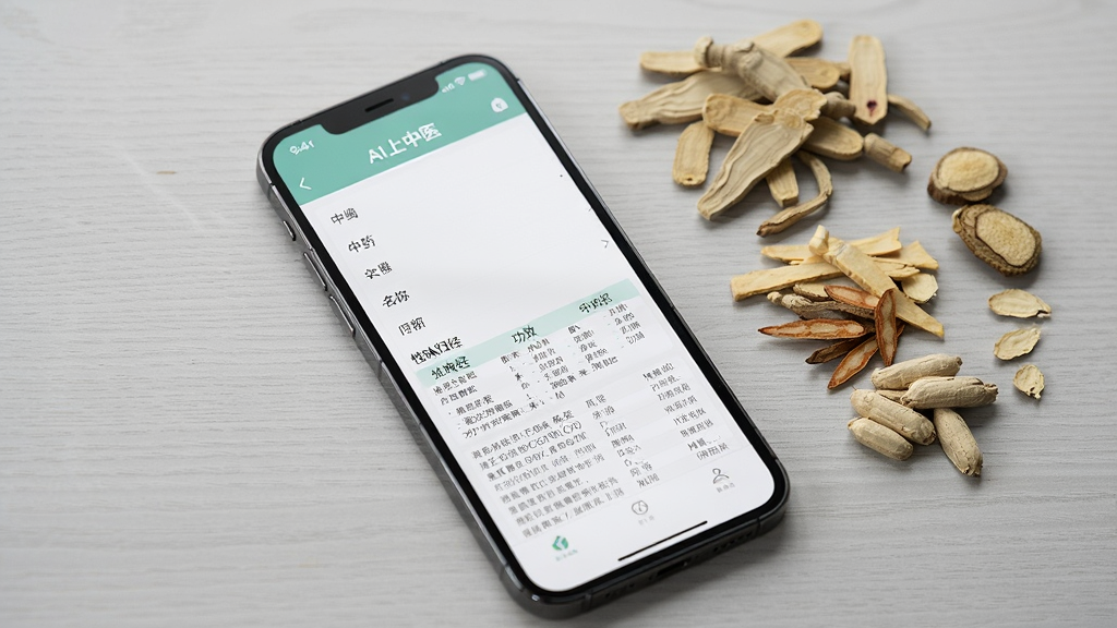 画面展示一部手机屏幕,屏幕上显示“AI上中医”的中药查询页面,页面中有中药名称列表和详细的性味归经、功效介绍。手机旁边散落着几味中药材实物,如当归、黄芪、甘草等,背景为浅灰色木质桌面。整体风格简约写实,光线柔和,画面干净整洁,突出软件查询功能的便捷性,高清画质。