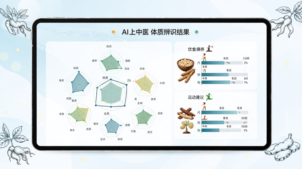 画面中央展示“AI上中医”体质辨识结果页面,页面上有九种体质的雷达图或条形图展示,旁边配有饮食调养、运动建议等文字说明。背景为淡雅的浅蓝色与白色渐变,画面中点缀少量中药材线描图案,整体风格清新专业,布局简洁明了,高清画质,无多余装饰。