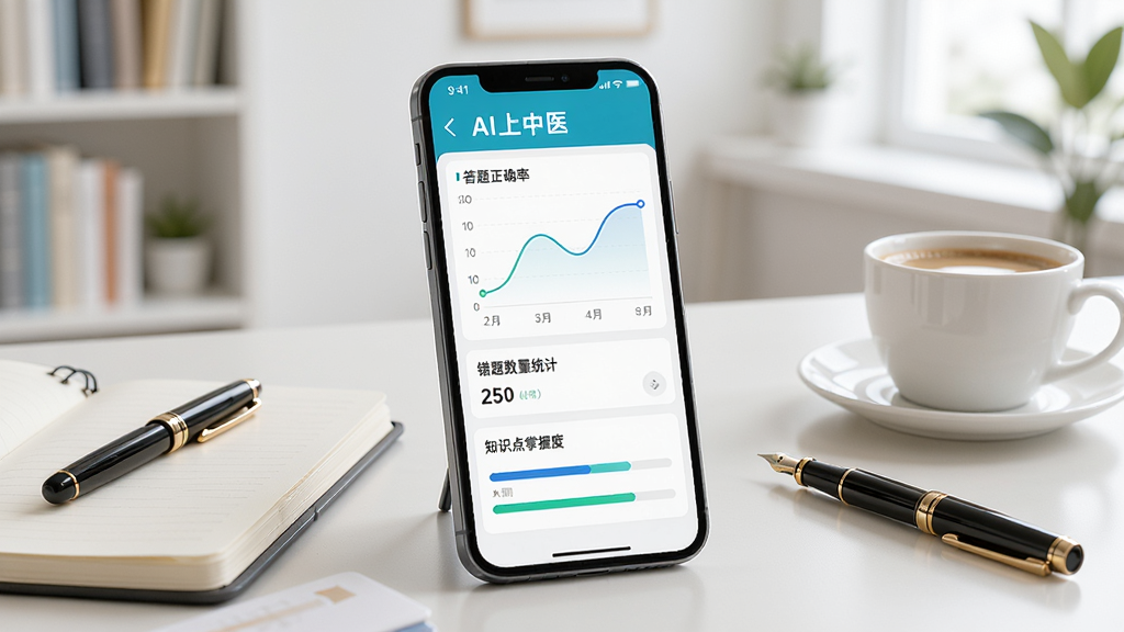 画面主体为一部手机,屏幕显示“AI上中医”的学习记录页面,页面上有答题正确率曲线图、错题数量统计和知识点掌握度进度条。手机放置在书桌上,旁边有笔记本、钢笔和一杯咖啡,背景为明亮的书房环境。整体风格现代简洁,色调清爽,画面干净无杂乱元素,高清画质,适合展示学习场景。