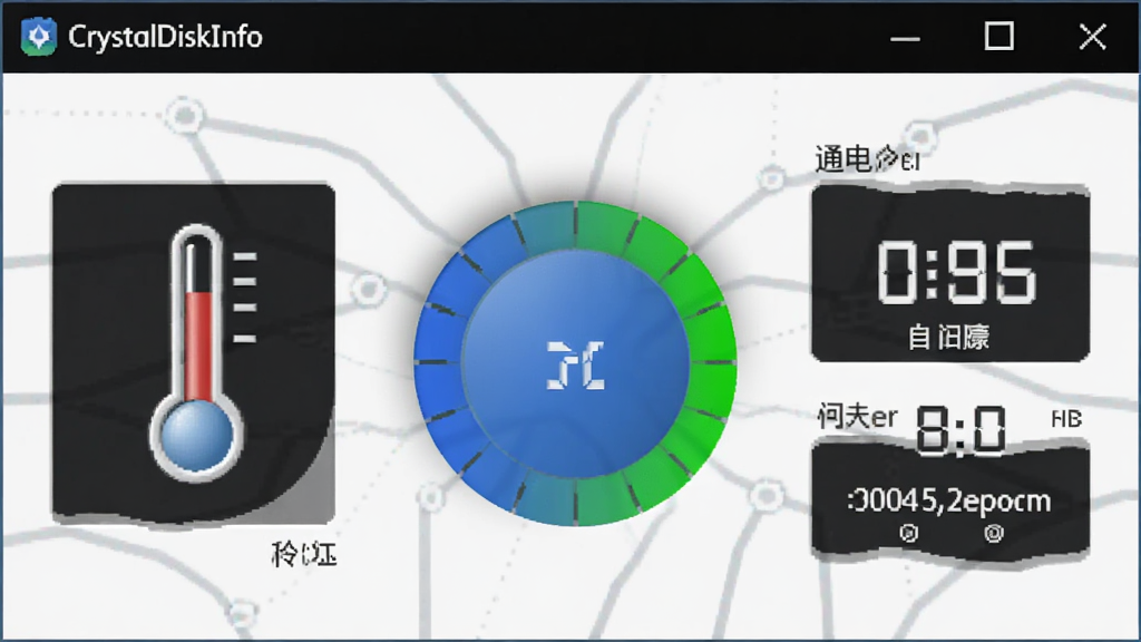 CrystalDiskInfo 硬盘健康状态指示界面,主体为软件窗口特写,布局中心突出蓝色健康状态指示灯与硬盘温度数值,排版简洁,风格科技感,细节包含温度计图标与通电时间数据,画质清晰干净,无多余元素