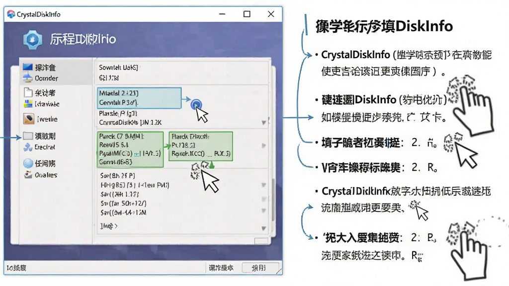 CrystalDiskInfo 使用教程示意图,主体为软件界面与操作步骤标注,布局左侧为软件窗口右侧为文字说明,排版图文并茂,风格教学风,细节包含鼠标点击位置与参数高亮框,画质清晰干净,无多余元素