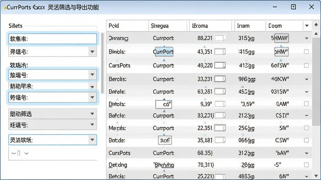 软件名称 CurrPorts 灵活筛选与导出功能,主体为一个软件操作界面截图风格的插画,界面左侧是筛选条件输入框和下拉菜单,右侧是整齐排列的端口数据表格,布局为左右分栏结构,排版干净利落,风格为简约商务扁平化设计,细节上表格行有浅灰色隔行底色,筛选框有淡蓝色高亮边框,背景为纯白色工作区,画质为高清,画面干净,无多余元素。