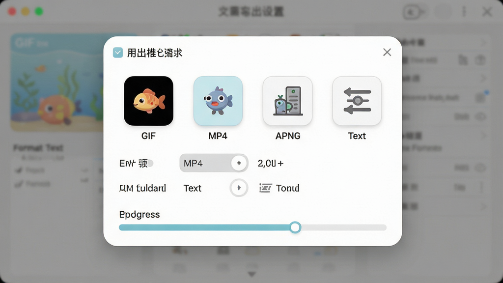 一张展示小鱼字符动画导出设置界面的预览图,主体为导出格式选择弹窗,包含GIF、MP4、APNG、文本等格式图标,布局为居中弹窗排版,风格为柔和圆角浅色主题,细节包括格式参数选项和导出进度条,画质高清干净无多余元素