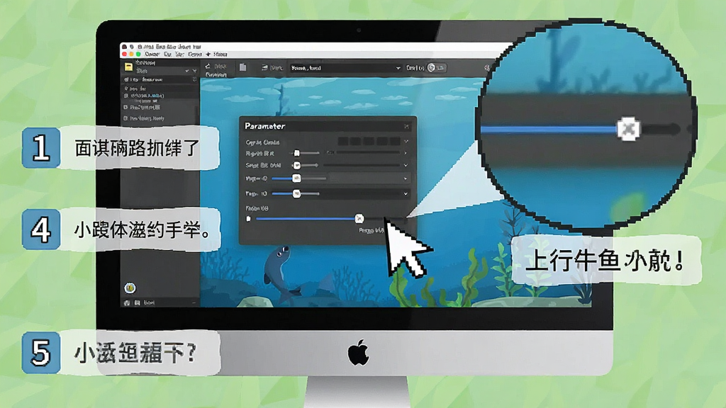 一张展示小鱼字符动画使用教程的预览图,主体为电脑屏幕显示软件操作界面,旁边有鼠标指针正在点击参数调节滑块,布局为屏幕截图加局部放大标注,风格为教程图解风格,细节包括步骤序号标注和操作提示文字框,画质高清干净无多余元素