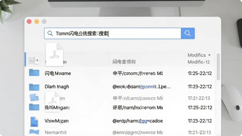 软件主界面截图,画面中央是Tomm闪电文件搜索的搜索框,输入关键词后下方展示出整齐的文件列表,包含文件图标、名称、路径和修改日期。背景为干净的浅色办公桌面,整体风格简约商务,画质清晰,无多余元素。