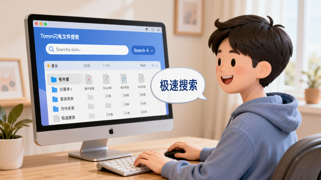 AI生成图片,画面展示一位用户坐在电脑前使用Tomm闪电文件搜索,屏幕上显示搜索框和文件列表,旁边有提示气泡写着“极速搜索”,整体风格亲切友好,画质清晰,无多余元素。