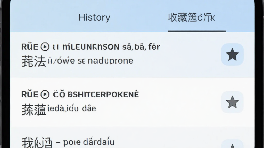 法语翻译通历史记录与收藏夹界面,手机屏幕显示翻译历史列表与收藏夹标签页,列表项包含法语原文与中文译文,右侧有星标收藏按钮,背景为白色与浅蓝色搭配,风格清爽素雅,细节清晰,画质干净,无多余元素