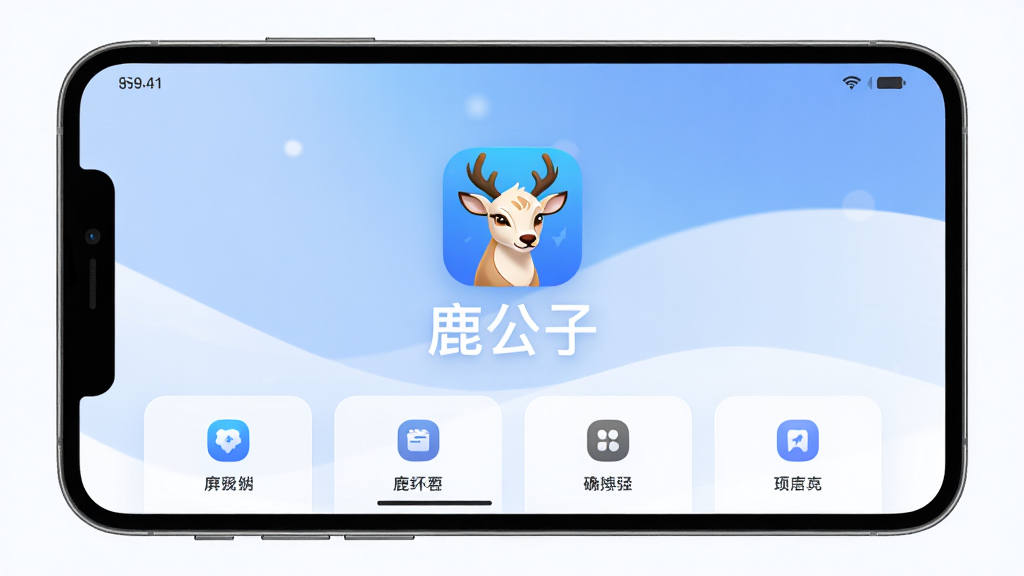 鹿公子应用主界面全貌展示,画面中央为软件标志性图标与名称“鹿公子”,背景采用柔和的蓝白渐变色调,界面布局清晰展示核心功能模块入口,主体突出软件名称与整体视觉风格,排版简洁大方,风格现代科技感,细节包含功能图标与文字标签,画质高清,干净无多余元素。