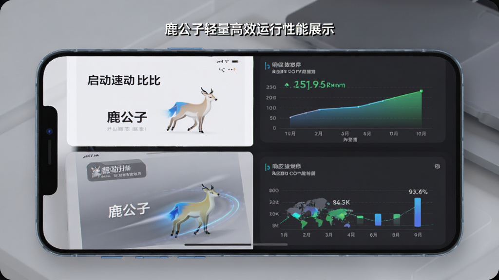 鹿公子轻量高效运行性能展示,画面展示手机屏幕中应用快速启动的流畅动画,主体为“鹿公子”界面与性能数据图表,布局采用上下结构展示启动速度对比,排版简洁有力,风格极简科技感,细节包含内存占用数值与响应时间标识,画质高清,干净无多余元素。