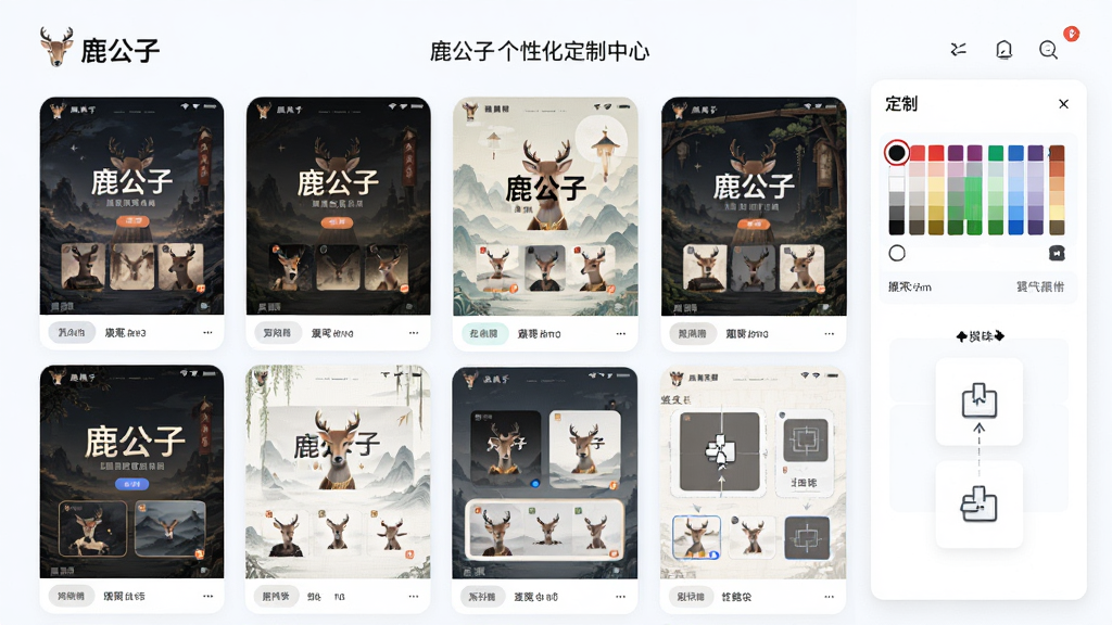 鹿公子个性化定制中心界面,画面展示多种主题皮肤与布局选项的预览效果,主体为“鹿公子”应用界面与定制面板,布局采用网格排列展示不同风格,排版整齐有序,风格清新明快,细节包含颜色选择器与模块拖拽示意,画质高清,干净无多余元素。