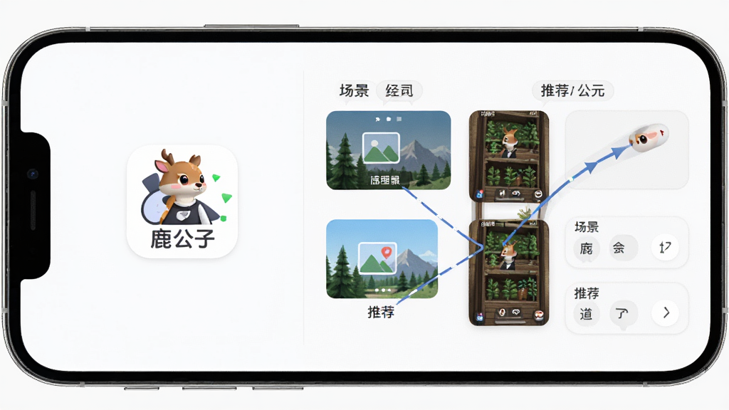 鹿公子智能场景识别功能界面,画面展示手机屏幕中自动切换不同场景模式的动态效果,主体为软件标志“鹿公子”与场景图标,布局采用左右分栏展示场景对比,排版清晰直观,风格扁平化设计,细节包含场景标签与推荐模块,画质高清,干净无多余元素。