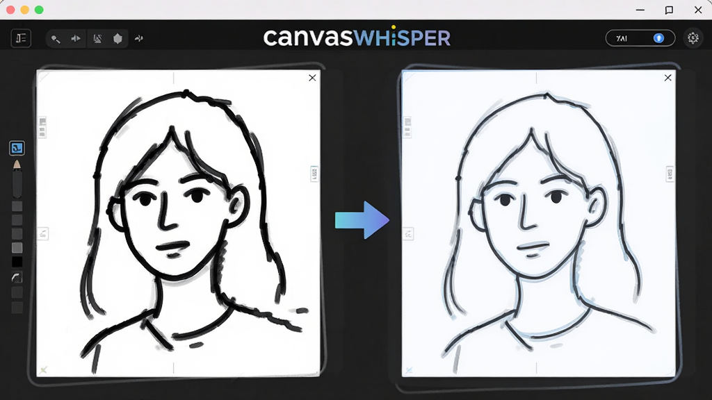 画面展示canvaswhisper软件界面中AI草图识别功能的工作状态,左侧是粗糙的手绘草图线条,右侧是经过AI优化后的平滑线条,中间有箭头表示处理过程,屏幕上方有“canvaswhisper”文字标识,整体布局左右对比清晰,风格为扁平化科技插画,细节包括线条粗细变化、颜色渐变过渡、界面元素简洁,画质高清,干净,无多余元素