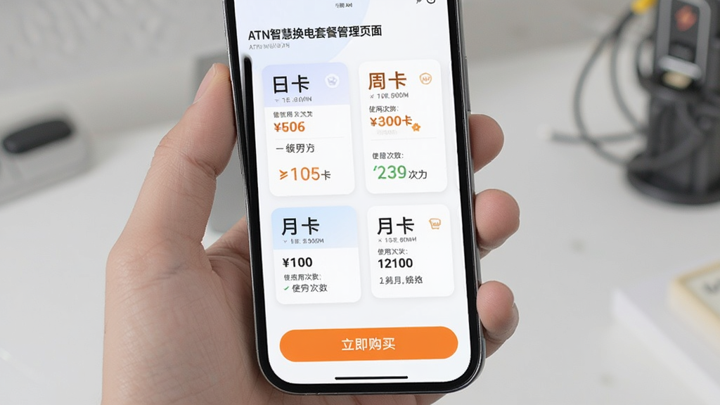 ATN智慧换电套餐管理页面,手机屏幕显示多种换电套餐卡片,包括日卡、周卡、月卡选项,每张卡片标注价格与使用次数,底部有立即购买按钮,整体采用卡片式布局,浅色背景配橙色按钮,风格清新简洁,画质清晰,无多余元素