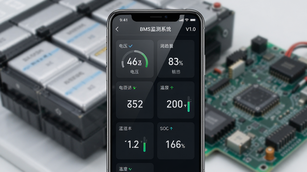 一张展示BMS监测系统V1.0手机端主界面的图片,画面中央是一部智能手机,屏幕上显示电池监测仪表盘,包含电压、电流、温度、SOC百分比等数据卡片,界面采用深色科技风设计,背景是模糊的电动车电池组与电路板,整体布局清晰,风格偏向科技感与实用工具类App展示,细节上屏幕有轻微反光,画质干净高清,无多余元素。