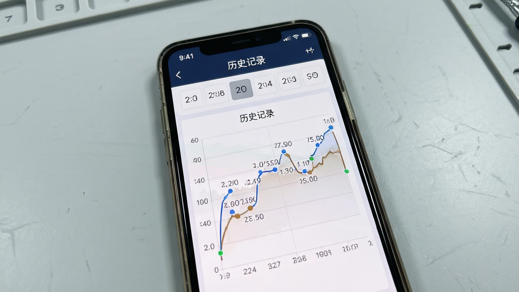 一张展示BMS监测系统V1.0历史数据记录功能的图片,画面为手机屏幕显示历史曲线与日期选择器,屏幕上有“历史记录”文字,背景为浅灰色工作台面,布局上曲线图居中,日期选择在顶部,风格简约实用,细节上曲线有数据点标记,画质干净高清,无多余元素。