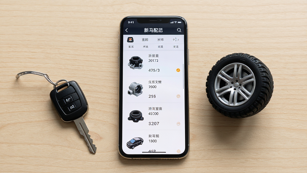 一张展示新马配APP在手机上正常运行的图片,画面中央是一部竖屏手机,手机屏幕显示新马配的配件查询结果页面,页面上有清晰的配件列表和编号信息,手机旁边放置一把汽车钥匙和一个迷你轮胎模型作为装饰,背景为浅色木纹桌面,布局为居中构图,排版为简洁产品展示,风格为生活化写实风格,细节包括手机屏幕的细腻显示效果和桌面纹理,画质为高清4K,干净整洁,无多余元素