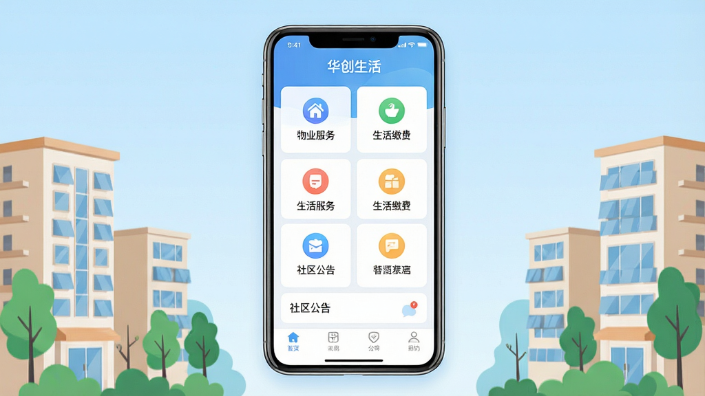 一张展示华创生活APP核心界面的手机样机图,画面中央放置一部现代智能手机,屏幕显示华创生活应用首页,包含物业服务、生活缴费、社区公告等图标模块,背景为简洁的浅蓝色渐变,周围环绕着社区楼宇和绿植的扁平化插画元素,整体风格清新现代,构图居中对称,细节清晰,画质干净明亮,无多余杂乱元素,文字内容为“华创生活”
