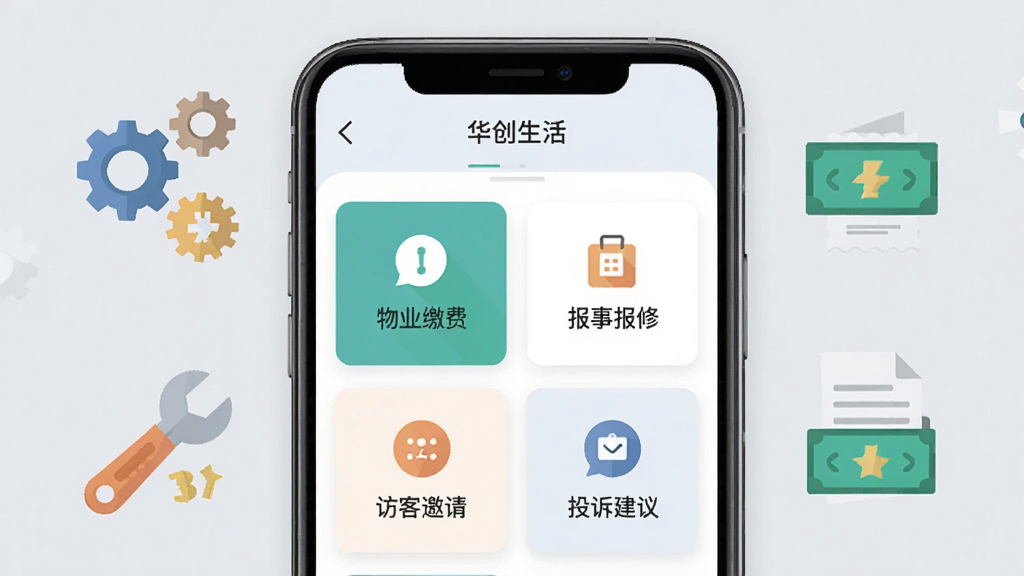 一部智能手机屏幕展示华创生活APP的物业服务功能页面,页面中整齐排列着物业缴费、报事报修、访客邀请、投诉建议四个主要功能卡片,手机周围有齿轮、扳手、账单等扁平化图标作为装饰,背景为柔和的浅灰色,风格简洁商务,画质清晰干净,无多余元素,图中文字标注“华创生活”