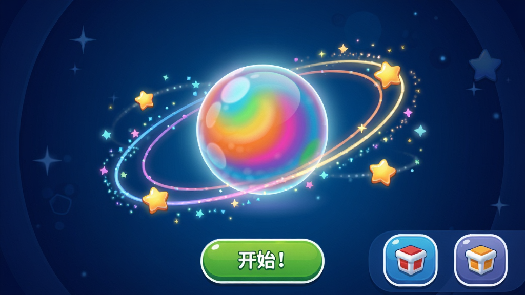 一张展示魔力球球游戏主界面的预览图,画面中央放置一个发光的彩色圆球,周围环绕着轨道和星星粒子,背景为深蓝色渐变,界面下方有开始按钮和关卡选择图标,整体风格清新明快,细节清晰,画质干净,无多余元素