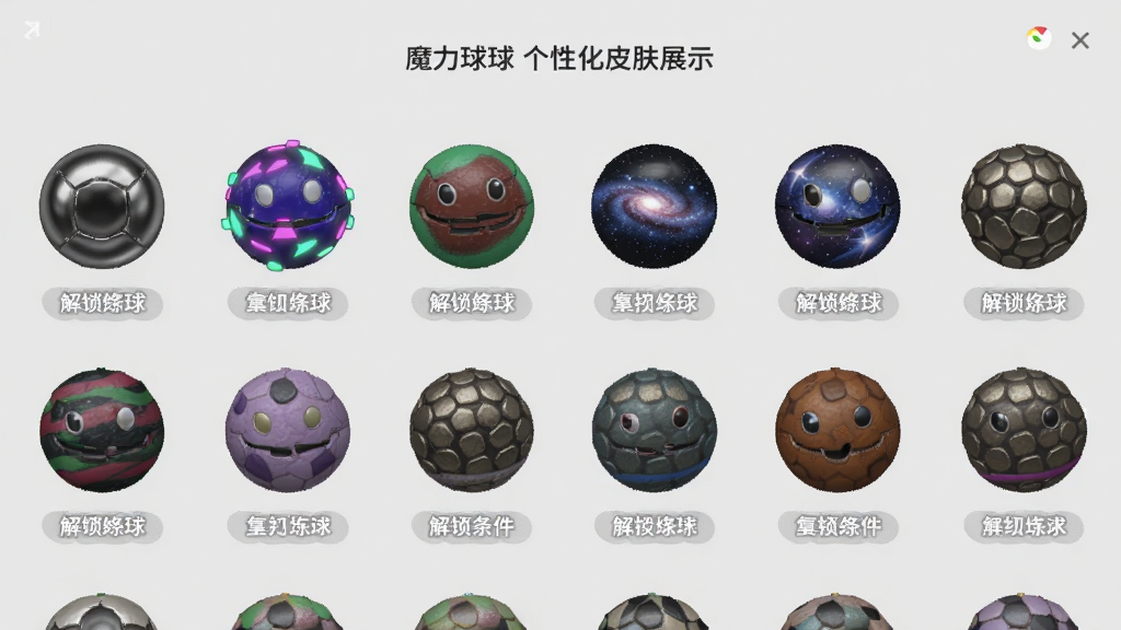 魔力球球个性化皮肤展示界面预览图,画面中排列着多个不同颜色和纹理的球体,包括金属质感、荧光效果、星空图案等,每个球体下方标注解锁条件,背景为浅灰色,排版简洁,画质干净,无多余元素