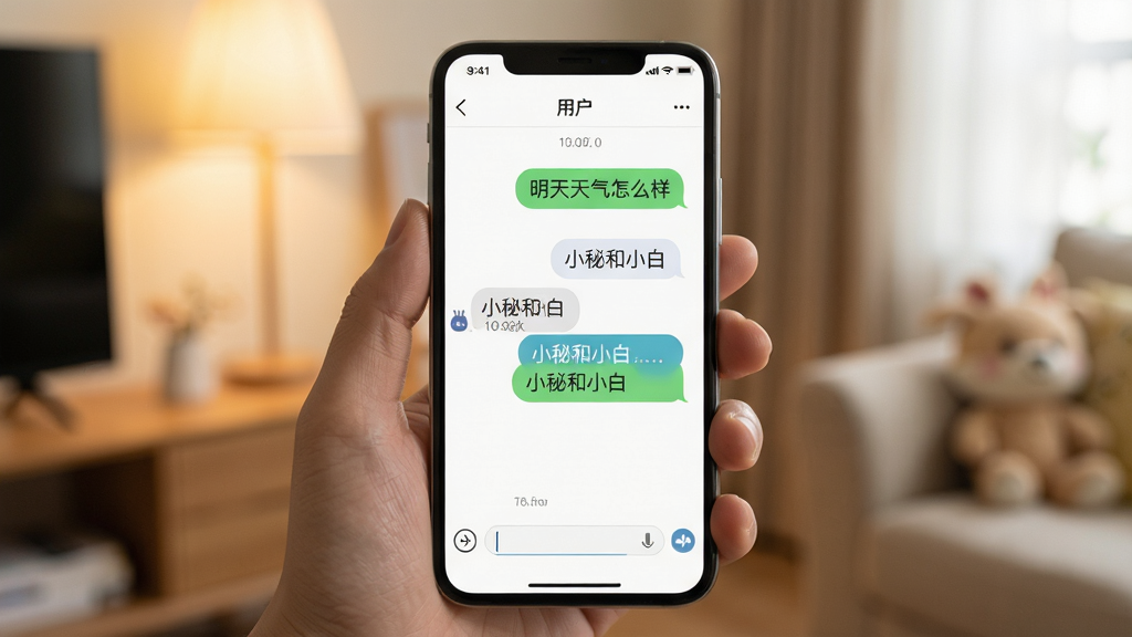 一张展示“小秘和小白”智能对话场景的图片,画面中一只手拿着手机,屏幕上显示用户输入“明天天气怎么样”和“小秘和小白”的回复气泡,背景是室内柔和光线,布局以手机屏幕为中心,风格写实生活化,细节包括对话时间戳和输入框,画质清晰,干净,无多余元素