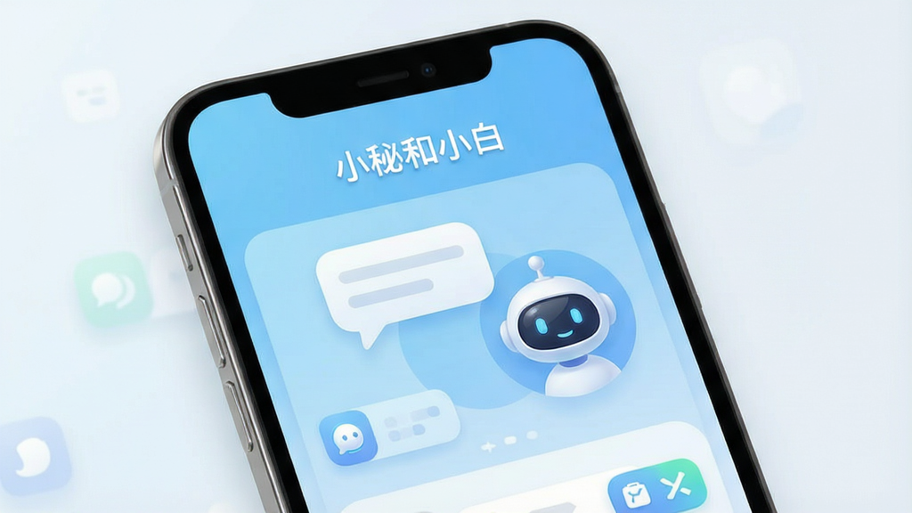 一张展示手机屏幕的图片,屏幕中央显示“小秘和小白”应用主界面,界面顶部有软件名称“小秘和小白”字样,中间是对话气泡与智能助手头像,背景为浅蓝色渐变,布局简洁,风格现代科技感,细节包括圆角图标和柔和阴影,画质清晰,干净,无多余元素