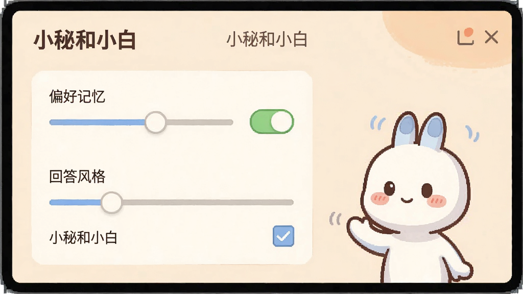 一张展示“小秘和小白”个性化设置界面的图片,屏幕中显示“偏好记忆”开关和“回答风格”选项,旁边有“小秘和小白”的卡通助手形象,布局为上下结构,风格温馨柔和,细节包括滑块和勾选框,画质清晰,干净,无多余元素