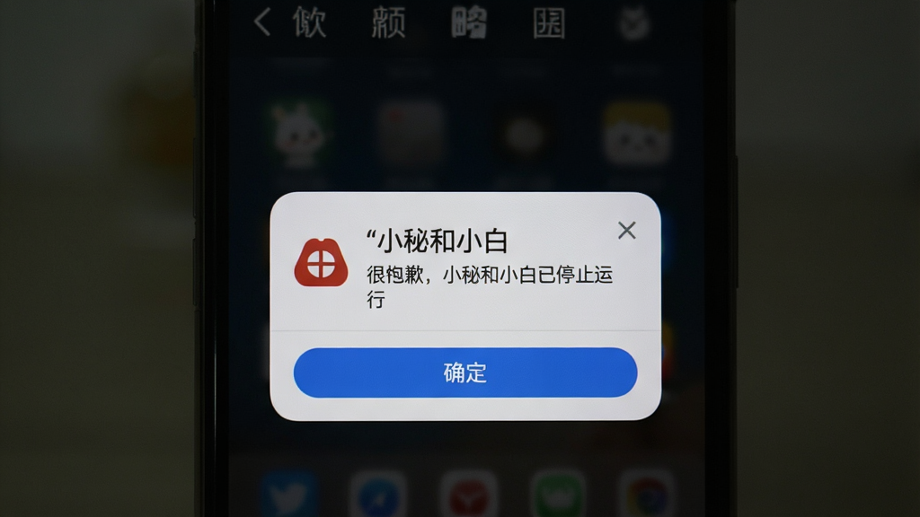 一张展示手机屏幕上“小秘和小白”出现闪退错误提示的图片,画面中手机界面显示“很抱歉,小秘和小白已停止运行”弹窗,背景为深色,布局以手机为中心,风格写实,细节包括错误图标和确定按钮,画质清晰,干净,无多余元素