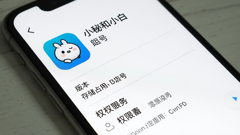 一张展示“小秘和小白”应用信息页的图片,屏幕中显示软件名称“小秘和小白”、版本号、存储占用和权限列表,背景为纯白色,布局简洁,风格商务极简,细节包括图标和分隔线,画质清晰,干净,无多余元素