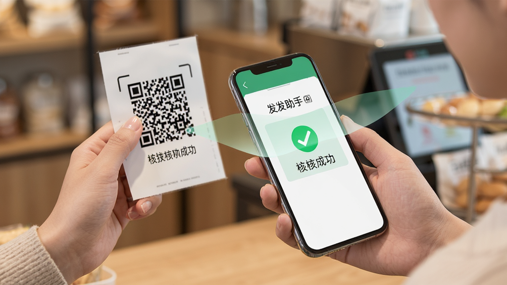画面主体为一只手持手机扫描顾客出示的二维码,手机屏幕显示发发助手核销成功界面,布局采用对角线构图,风格为写实商业摄影风,细节上突出绿色成功提示与店铺环境,画质清晰,干净,无多余元素