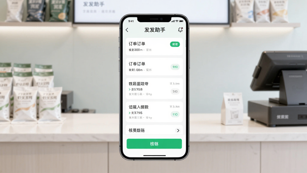 画面中央展示一部智能手机,屏幕中显示发发助手应用界面,包含订单列表与核销按钮,背景为简洁的店铺柜台场景,布局采用居中构图,风格为现代扁平化科技风,细节上突出手机屏幕中的数据面板与绿色核销标识,画质清晰,干净,无多余元素