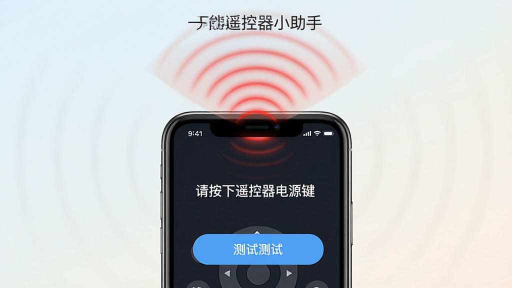 一张展示万能遥控器小助手一键匹配测试界面的图片,手机屏幕中显示“请按下遥控器电源键”的提示文字和测试按钮,背景为浅色渐变,画面中有红外信号波纹从手机顶部发射的示意效果,风格为科技感UI展示,细节清晰,画质高清,画面干净无多余元素,图中文字标注“万能遥控器小助手”