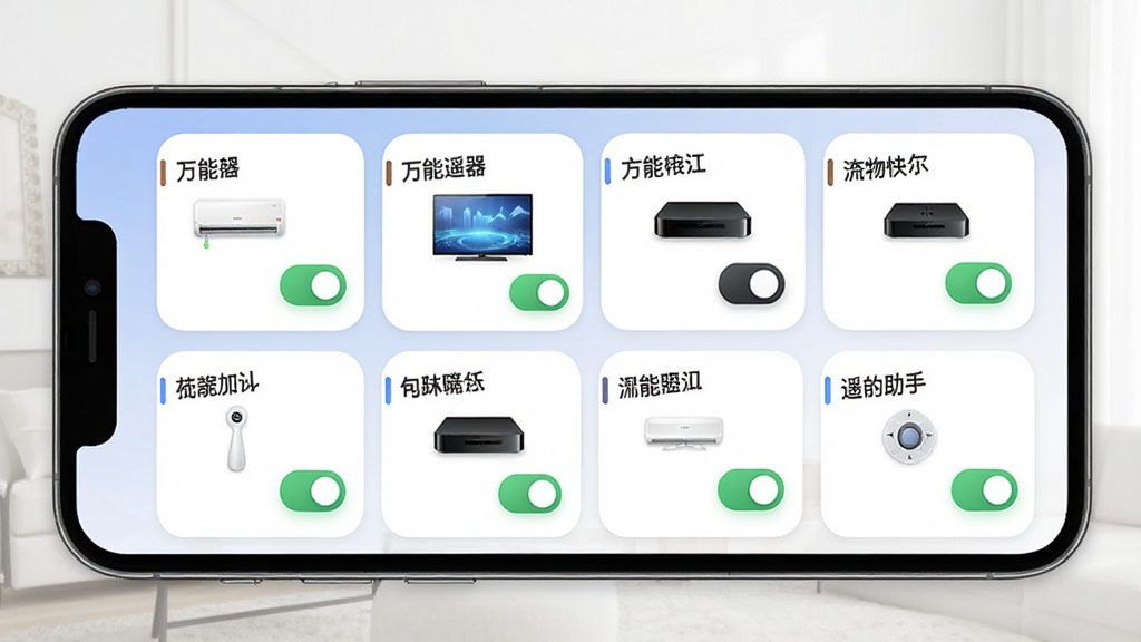 一张展示万能遥控器小助手多设备管理界面的图片,手机屏幕中显示多个设备卡片,包括空调、电视、机顶盒等,每个卡片上有设备名称和开关按钮,界面布局为网格状,风格为现代卡片式UI设计,细节丰富,画质高清,画面干净,图中文字标注“万能遥控器小助手”