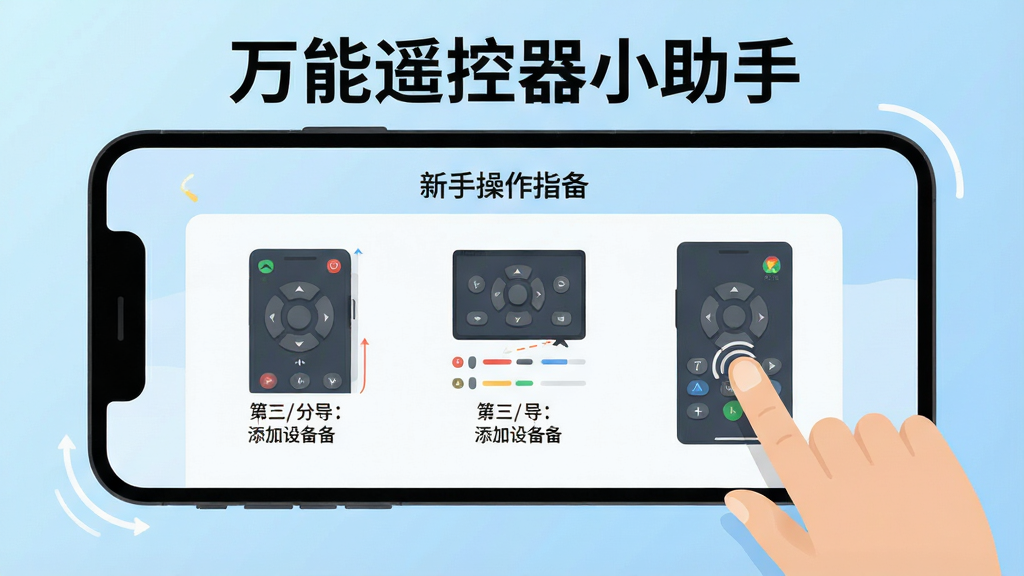 一张展示万能遥控器小助手新手操作指引的图片,手机屏幕中显示添加设备的分步引导界面,画面中有手指点击屏幕的示意动作,背景为浅蓝色渐变,风格为扁平化教程插画,细节清晰,画质高清,画面干净无多余元素,图中文字标注“万能遥控器小助手”
