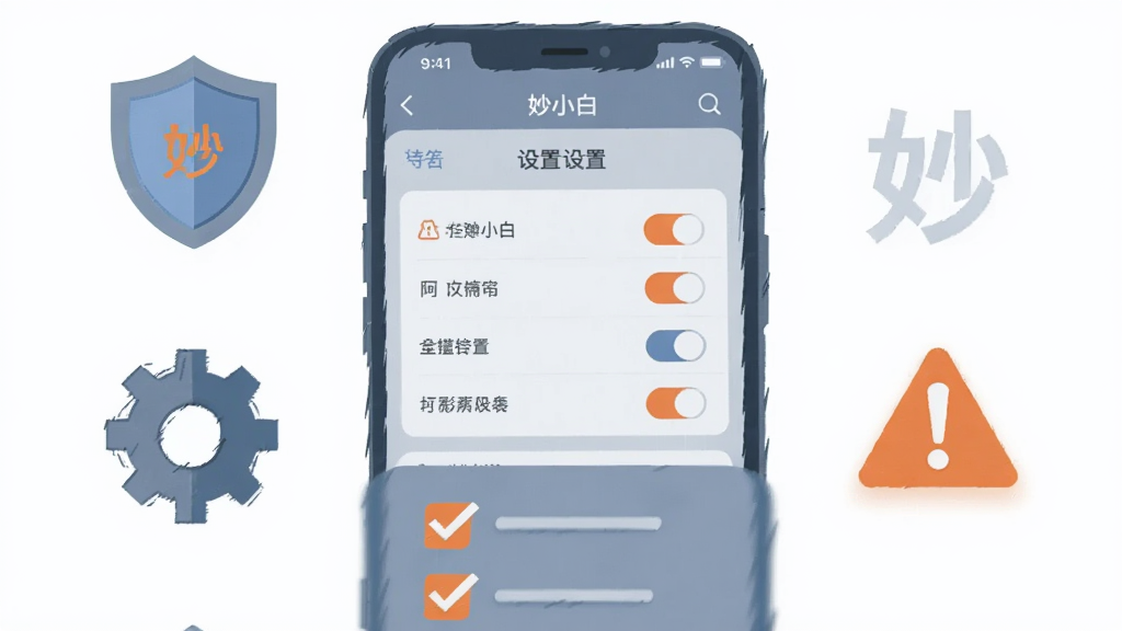 一部手机屏幕显示“妙小白”设置界面,旁边漂浮着盾牌、齿轮和警告三角图标,手机下方有勾选清单样式的图示。布局为手机居中,图标环绕四周。风格为科技感扁平插画,色调以蓝灰为主,点缀橙色警示色。细节上图标线条清晰,屏幕内容可见权限开关。画质干净,背景简洁,无多余元素。