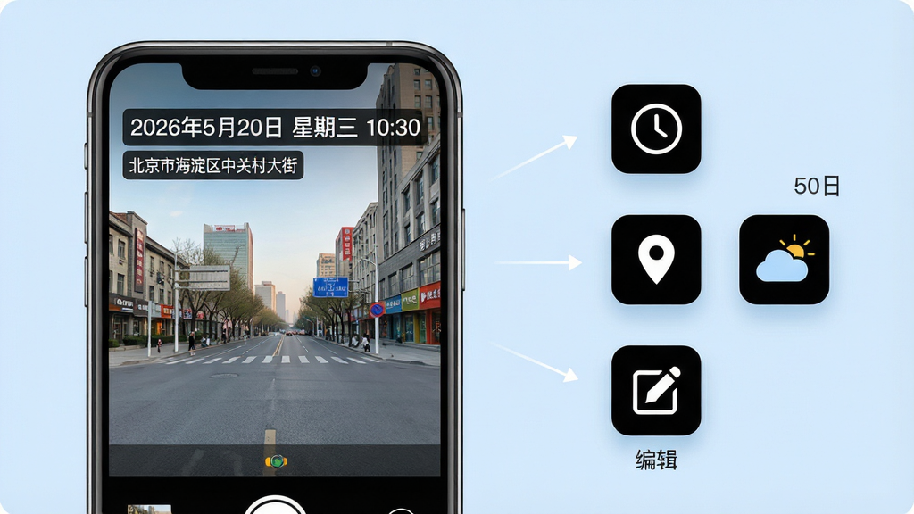 水印相机水印拍照软件功能展示图,画面主体是一部手机正在拍摄街景,照片上叠加了醒目的时间水印“2026年5月20日 星期三 10:30”和地点水印“北京市海淀区中关村大街”,水印采用半透明黑色底白色字体,排版整齐,手机旁边漂浮着几个功能图标分别代表时间、定位、天气、编辑,整体布局为左右结构,左侧手机右侧图标,风格为清新简约的UI展示风格,细节上水印文字边缘锐利,背景为柔和的浅蓝色,画质高清,干净无杂乱元素