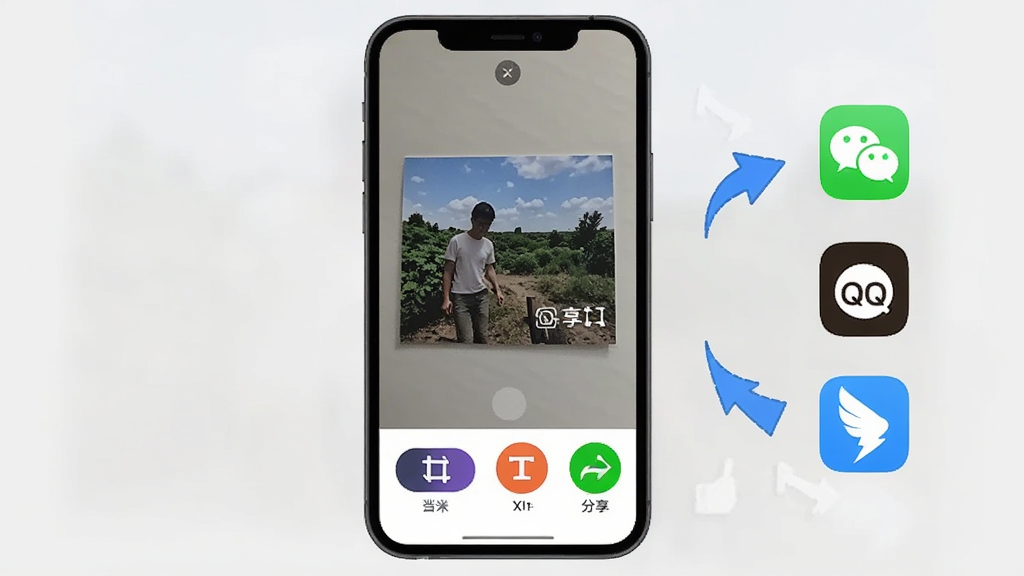 水印相机水印拍照照片编辑与分享功能展示图,画面中央是一部手机,屏幕内显示一张已经拍好的水印照片,照片下方有编辑工具栏,包括裁剪、滤镜、文字修改、分享等按钮图标,手机右侧有分享箭头指向微信、QQ、钉钉等应用图标,整体布局为居中手机加右侧分享链路,风格为扁平化科技风格,细节上工具栏图标颜色鲜明,背景为浅灰色,画质清晰,无多余元素