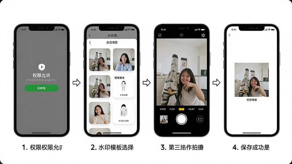 水印相机水印拍照新手操作流程图,画面以手机屏幕截图形式展示四个步骤,第一步是权限允许界面,第二步是水印模板选择界面,第三步是相机拍摄界面,第四步是相册保存成功界面,四个手机屏幕按从左到右顺序排列,每个屏幕下方有数字序号和简短文字说明,整体布局为横向流程图,风格为简洁明了的教程图示风格,细节上每个手机屏幕都有圆角边框,背景为白色,画质清晰,无多余元素