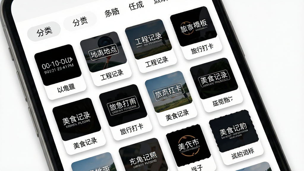 水印相机水印拍照水印模板选择界面图,画面展示一个手机屏幕,屏幕内以网格形式排列了多个水印模板缩略图,每个缩略图都展示了不同的水印样式,包括时间地点款、工程记录款、旅行打卡款、美食记录款等,模板缩略图下方有模板名称标签,屏幕顶部有分类筛选栏,整体布局为网格状,风格为清爽的卡片式设计,细节上每个模板缩略图都有轻微的阴影效果,背景为白色,画质清晰,无多余装饰元素