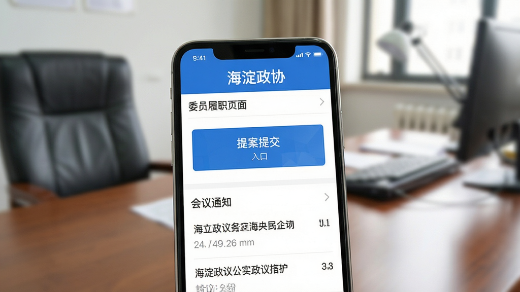海淀政协APP功能界面展示,画面中手机屏幕展示委员履职页面,包含提案提交入口和会议通知列表,界面采用蓝白政务配色,顶部有