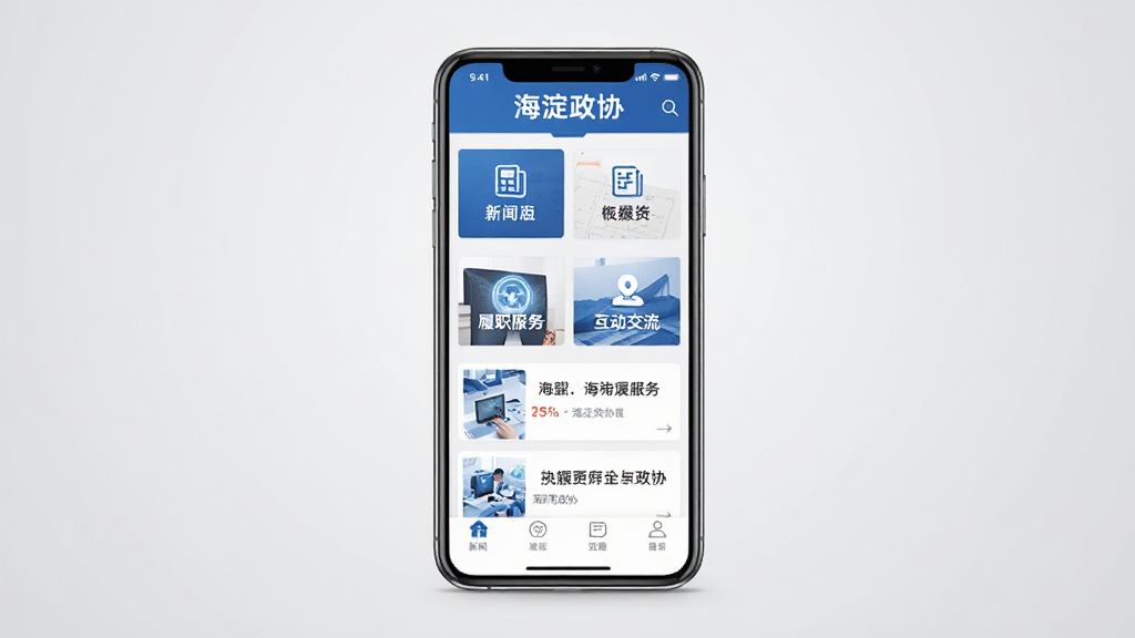 海淀政协APP主界面全貌展示,手机屏幕中显示政务蓝白配色界面,顶部有