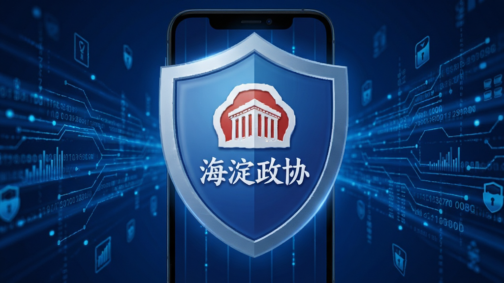 海淀政协APP安全数据中心概念图,画面展示手机盾牌图标与
