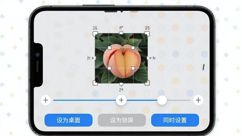 桃气壁纸一键设置功能演示,手机屏幕显示壁纸裁剪调整界面,画面中有可拖拽的裁剪框与缩放滑块,底部排列“设为桌面”“设为锁屏”“同时设置”三个按钮,背景为浅灰色操作面板,风格简洁直观,细节处体现裁剪预览的实时效果与屏幕比例提示,画质高清,干净,无多余元素。