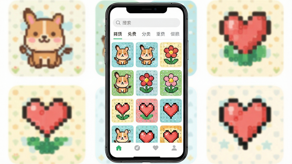 一款名为拼豆免费图纸的手机软件界面展示,主体为一部竖屏智能手机,屏幕中央显示拼豆免费图纸的首页,页面排版为网格状图纸缩略图,包含卡通动物、花朵、像素爱心等图案,界面顶部有搜索框和分类标签,底部有导航栏,整体布局清晰整洁,风格为清新明快的扁平化设计,细节上图纸色彩鲜艳、边缘圆润,画质高清,干净,无多余元素